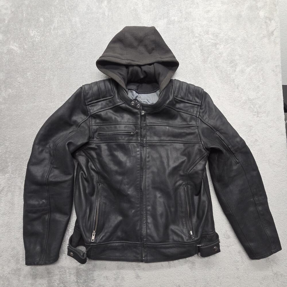 Tourmaster Jacket Mens L Black Leather Motorcycle Jacket Hooded Lined Pockets